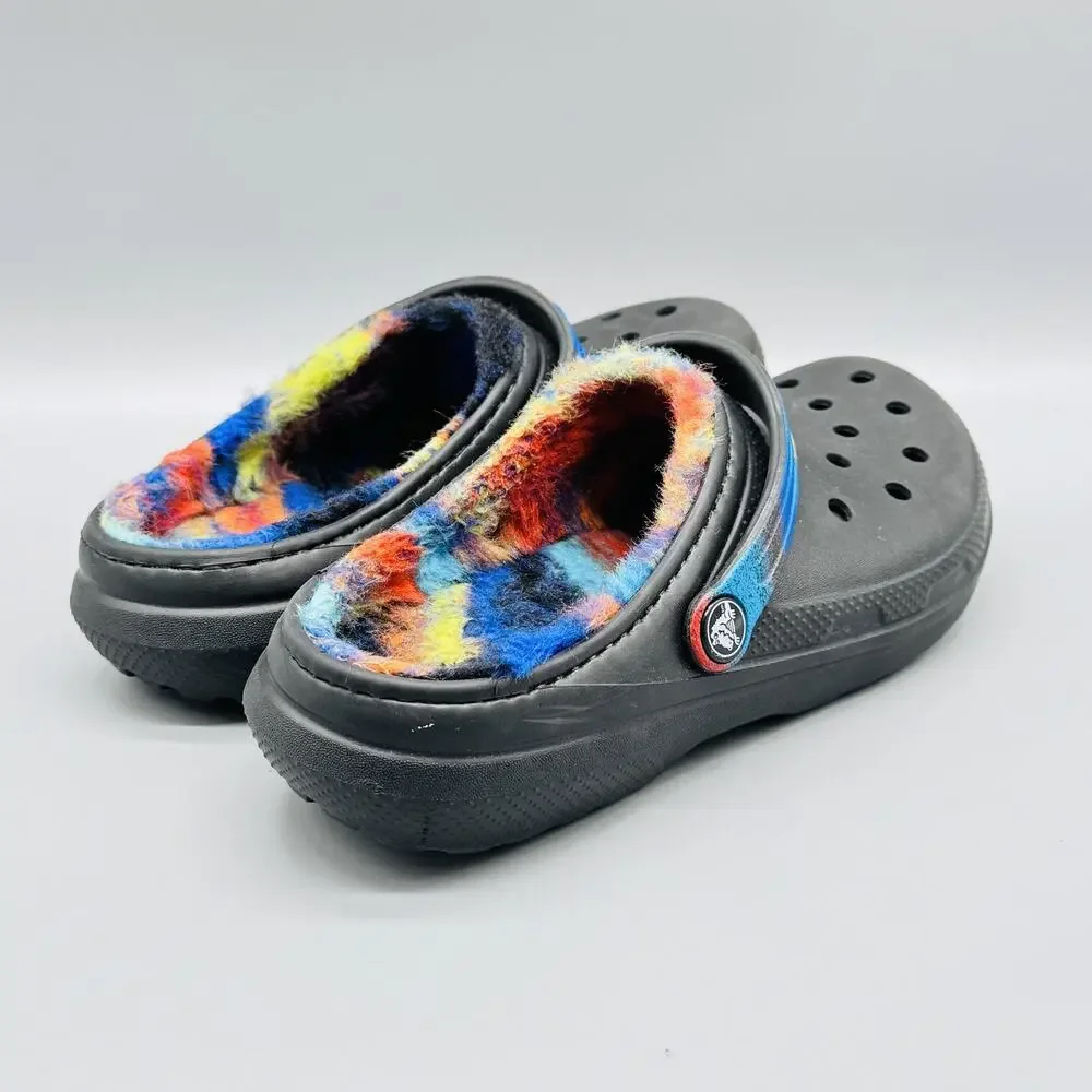 Crocs Shoes Kids 4 Black Classic Lined Clog Spray Tie Dye Fuzzy Warm Plush